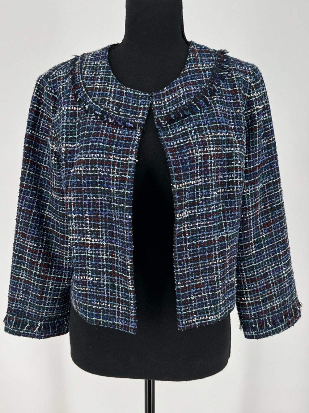 Karl Lagerfeld Paris blue tweed open-front blazer collarless W/fringe trim - Picture 10 of 10